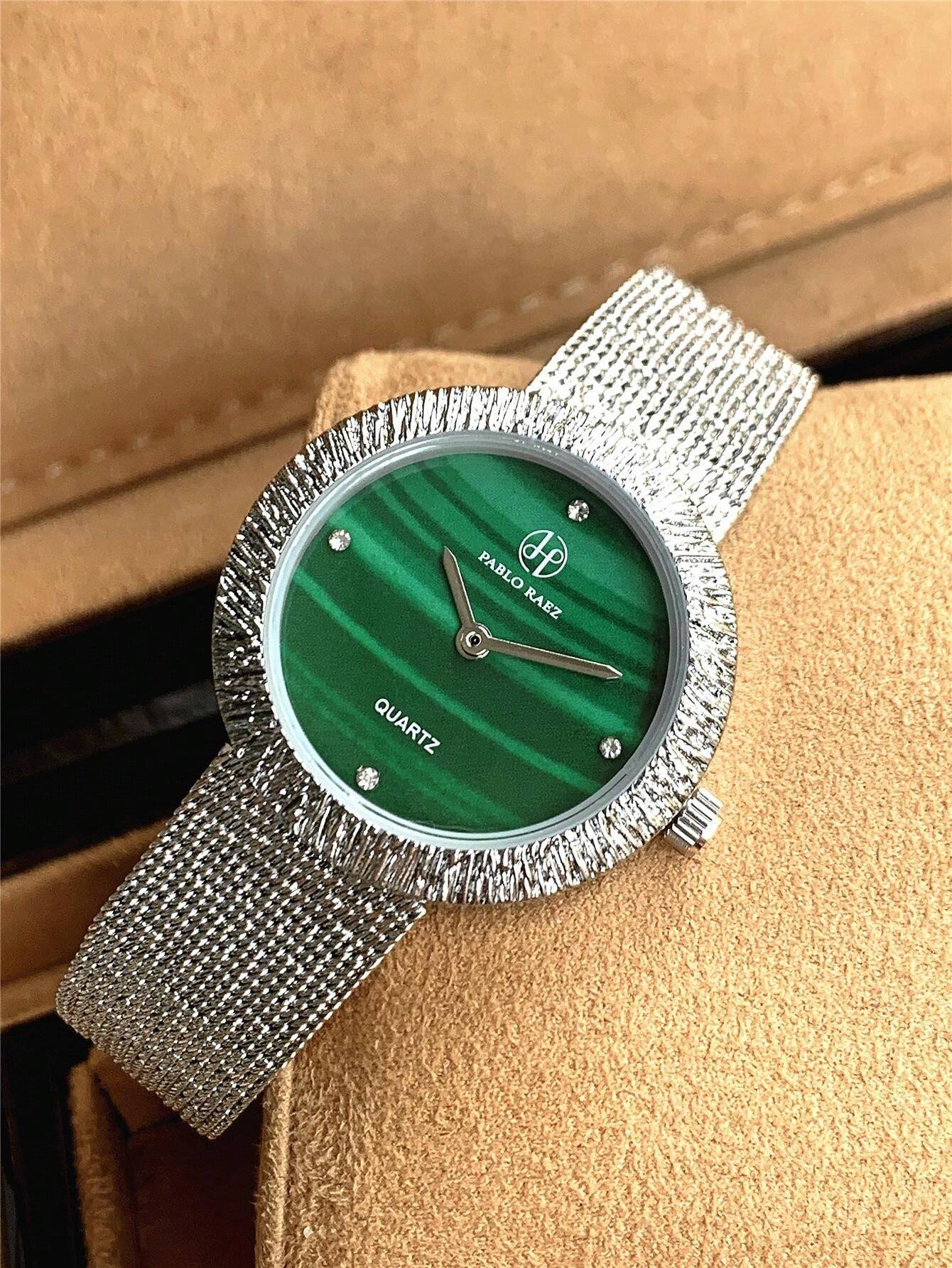 Shein - 1pc Ladies Watch Gold Watch Ladies' Adorable Pink Wrist Watch, Silver Stainless Steel Case, Rhinestone Hour Markers, Minimalist Style Green