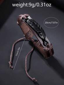 Shein - Men Watch 2pcs/Set Men's Casual Calendar Pu Leather Strap Quartz Watch And Feather Leather Cord Bracelet
