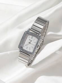 Shein - Disu Ladies Silver Stainless Steel Watch Band Classic Fashionable All-Match Small Square Shape Diamond Decor Quartz Watch