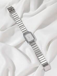 Shein - Disu Ladies Silver Stainless Steel Watch Band Classic Fashionable All-Match Small Square Shape Diamond Decor Quartz Watch