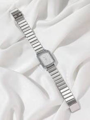 Shein - Disu Ladies Silver Stainless Steel Watch Band Classic Fashionable All-Match Small Square Shape Diamond Decor Quartz Watch