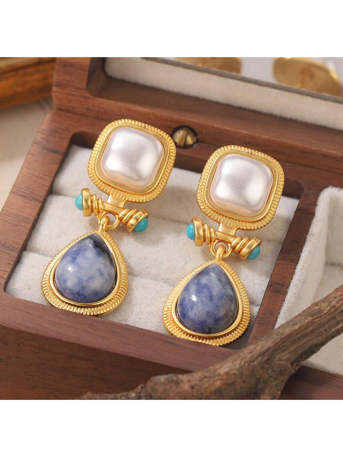 Shein - 1Pair 18K Gold-Plated Copper & 925 Sterling Silver Blue Chalcedony Dangle Earrings For Women, Date, Party Gift