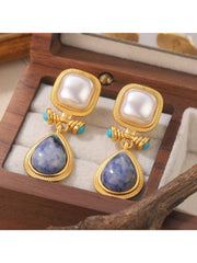 Shein - 1Pair 18K Gold-Plated Copper & 925 Sterling Silver Blue Chalcedony Dangle Earrings For Women, Date, Party Gift
