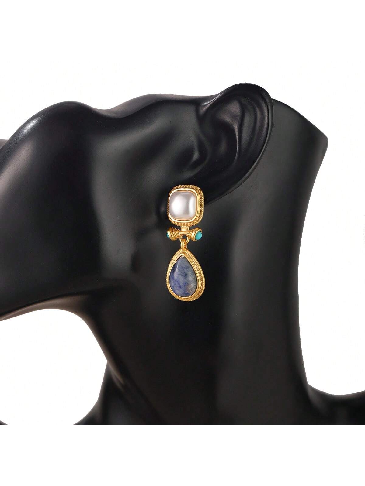 Shein - 1Pair 18K Gold-Plated Copper & 925 Sterling Silver Blue Chalcedony Dangle Earrings For Women, Date, Party Gift