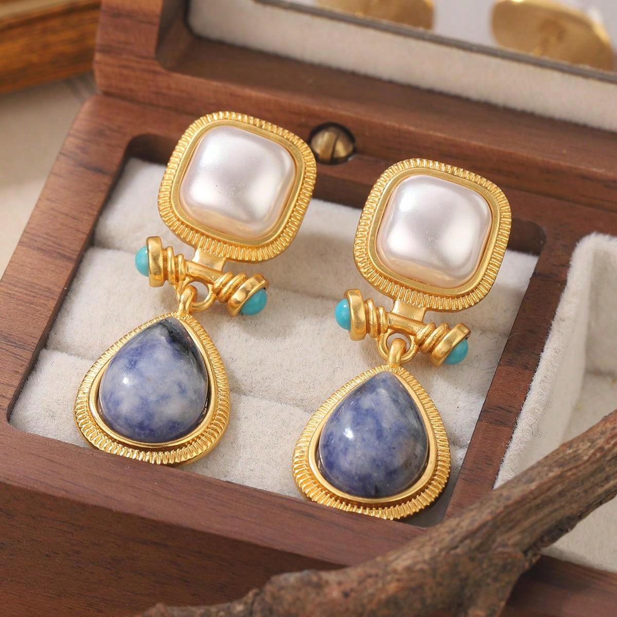 Shein - 1Pair 18K Gold-Plated Copper & 925 Sterling Silver Blue Chalcedony Dangle Earrings For Women, Date, Party Gift