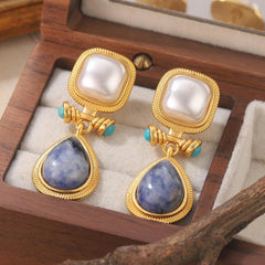 Shein - 1Pair 18K Gold-Plated Copper & 925 Sterling Silver Blue Chalcedony Dangle Earrings For Women, Date, Party Gift