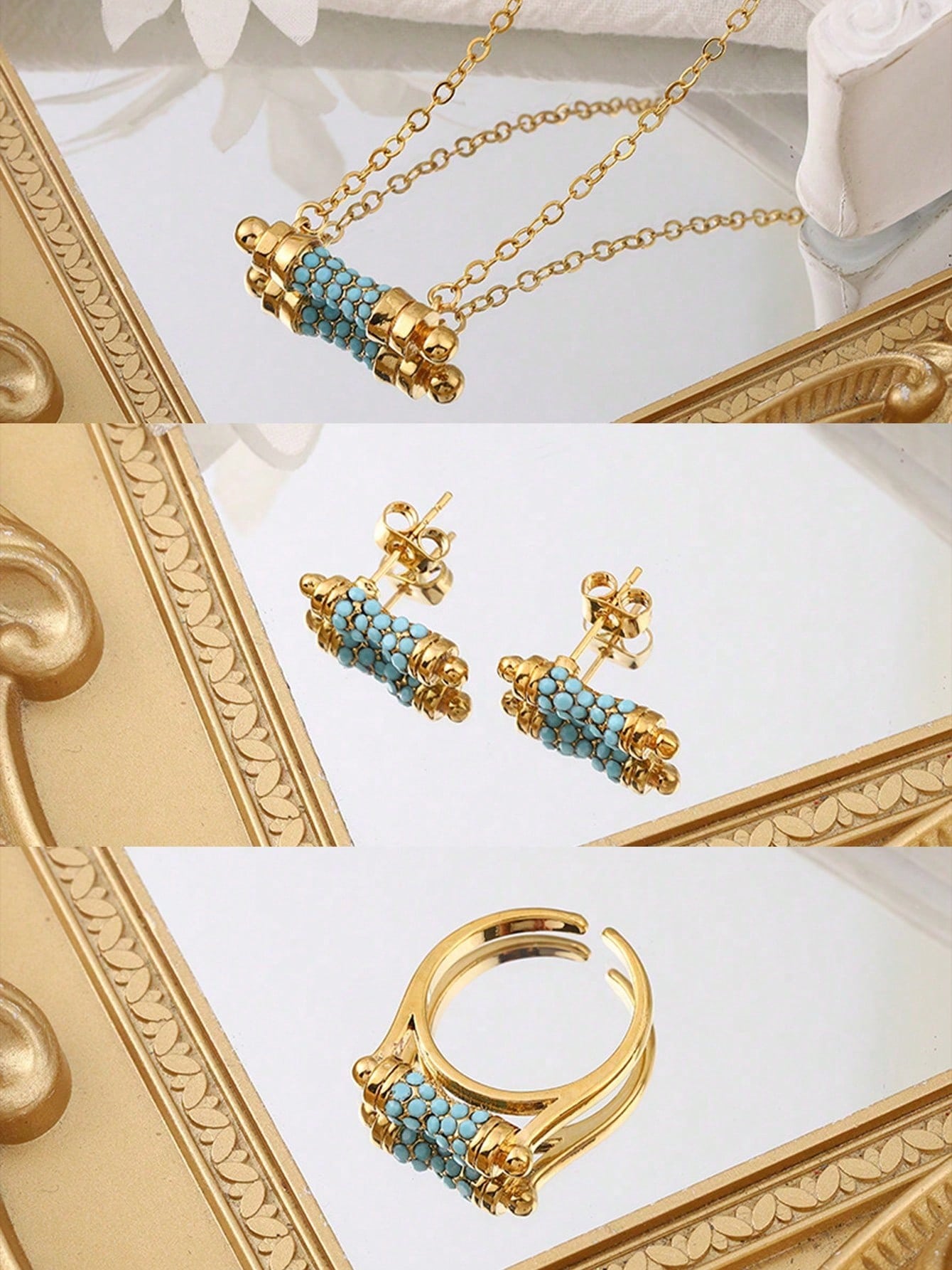 Shein - 1Set Simple Copper Plated Blue Stone Inlay Ear Studs Ring Necklace Jewelry Set Suitable For Women'S Daily Wear