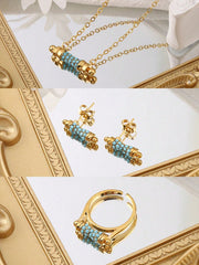 Shein - 1Set Simple Copper Plated Blue Stone Inlay Ear Studs Ring Necklace Jewelry Set Suitable For Women'S Daily Wear