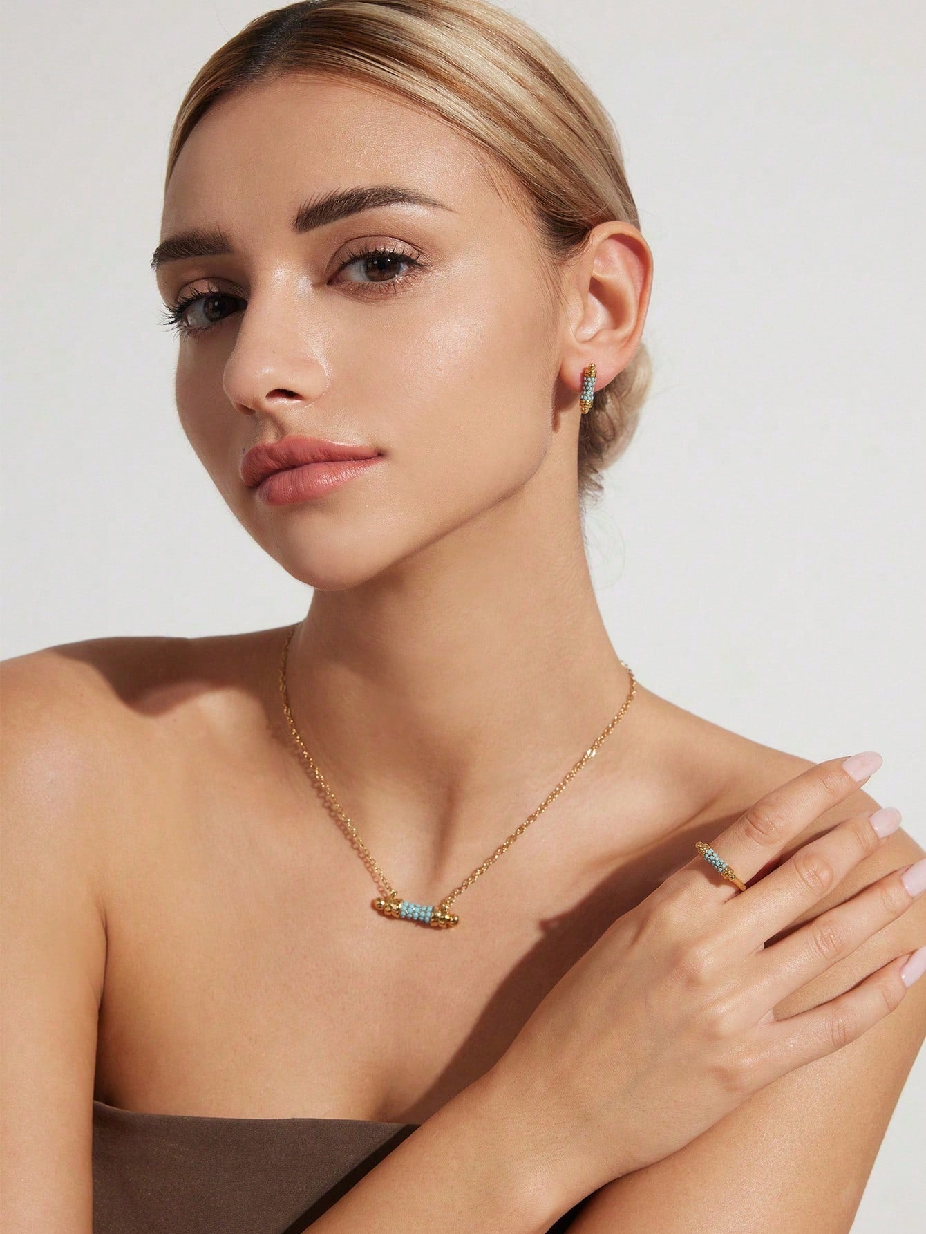 Shein - 1Set Simple Copper Plated Blue Stone Inlay Ear Studs Ring Necklace Jewelry Set Suitable For Women'S Daily Wear