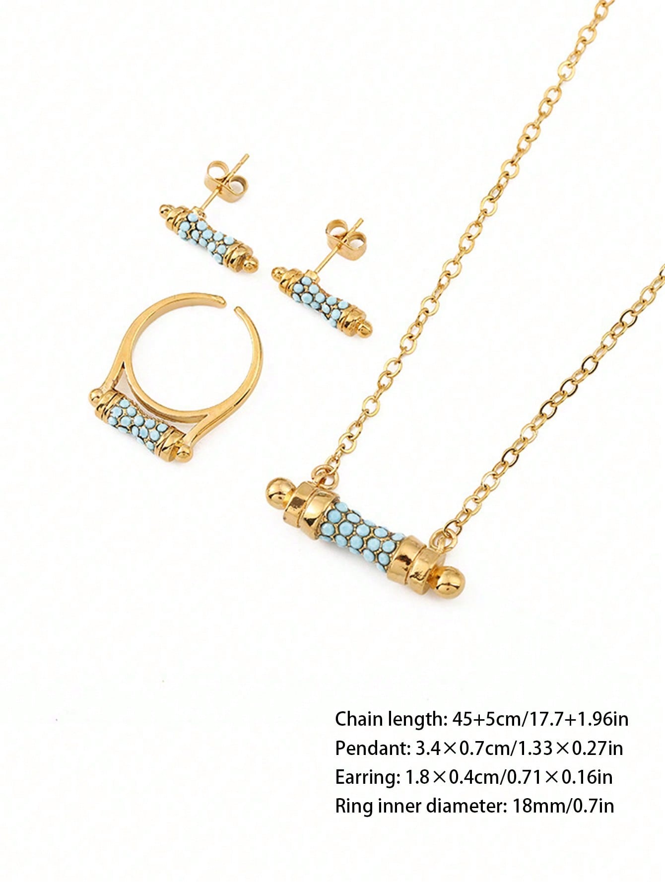 Shein - 1Set Simple Copper Plated Blue Stone Inlay Ear Studs Ring Necklace Jewelry Set Suitable For Women'S Daily Wear