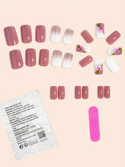 Shein - Instantly Upgrade Your Look With 24Pcs  Middle Square Modernist Daily Classic False Nails Elegant Sparkling Water Diamond Glitter Sequin Rose Flower Rose Red  Full Cover Detachable