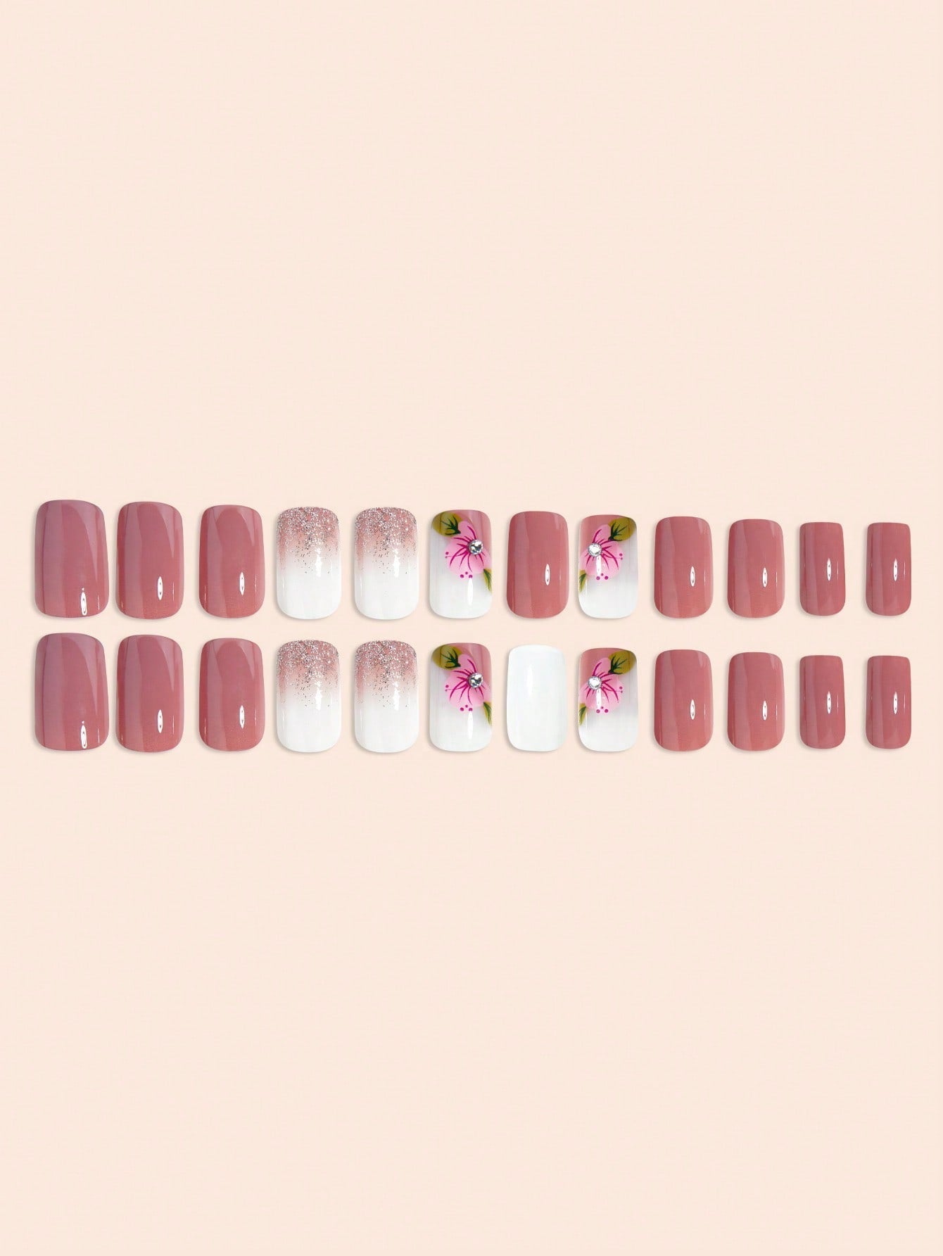Shein - Instantly Upgrade Your Look With 24Pcs  Middle Square Modernist Daily Classic False Nails Elegant Sparkling Water Diamond Glitter Sequin Rose Flower Rose Red  Full Cover Detachable