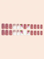 Shein - Instantly Upgrade Your Look With 24Pcs  Middle Square Modernist Daily Classic False Nails Elegant Sparkling Water Diamond Glitter Sequin Rose Flower Rose Red  Full Cover Detachable