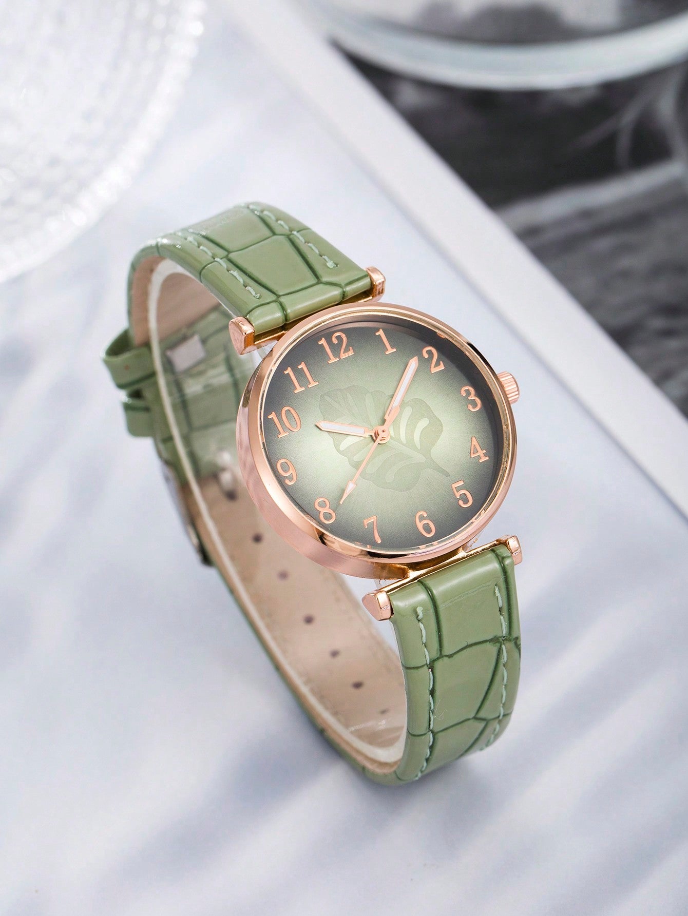 Shein - Elegant 5Pcs Quartz Watch For Women And Jewelry Set With Leaf Design - Pu Leather, Ideal Gift For Her