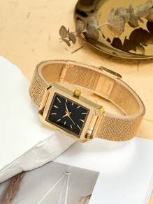 Shein - 1pc Gold Stainless Steel Strap Simple Casual Quartz Watch