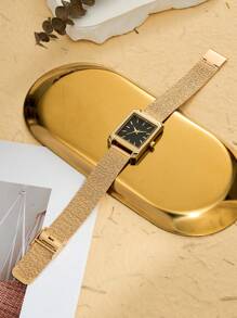Shein - 1pc Gold Stainless Steel Strap Simple Casual Quartz Watch