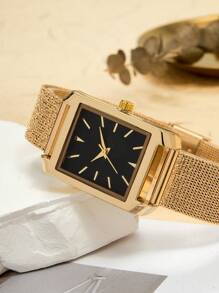 Shein - 1pc Gold Stainless Steel Strap Simple Casual Quartz Watch
