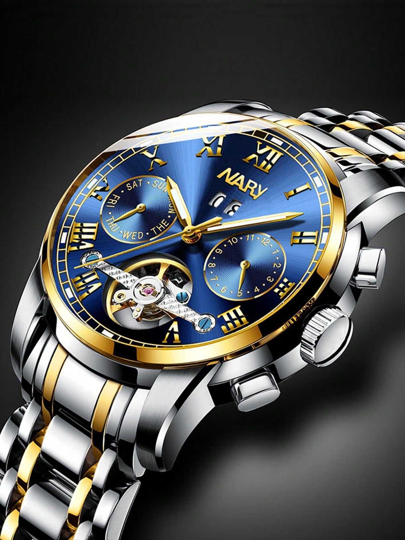 Shein - 1Pc High-End Men Business Multifunctional Mechanical Watch, Automatic Hollow Waterproof Calendar Wristwatch For Business Meetings And Daily Use