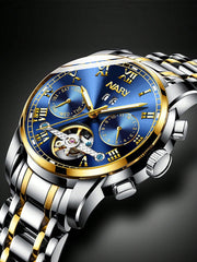 Shein - 1Pc High-End Men Business Multifunctional Mechanical Watch, Automatic Hollow Waterproof Calendar Wristwatch For Business Meetings And Daily Use