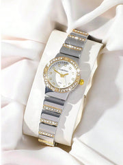Shein - Caryino Ladies Two-Tone Stainless Steel Watch Band Classic Business Dress Quartz Watch With Diamond, Suitable For Daily Wear