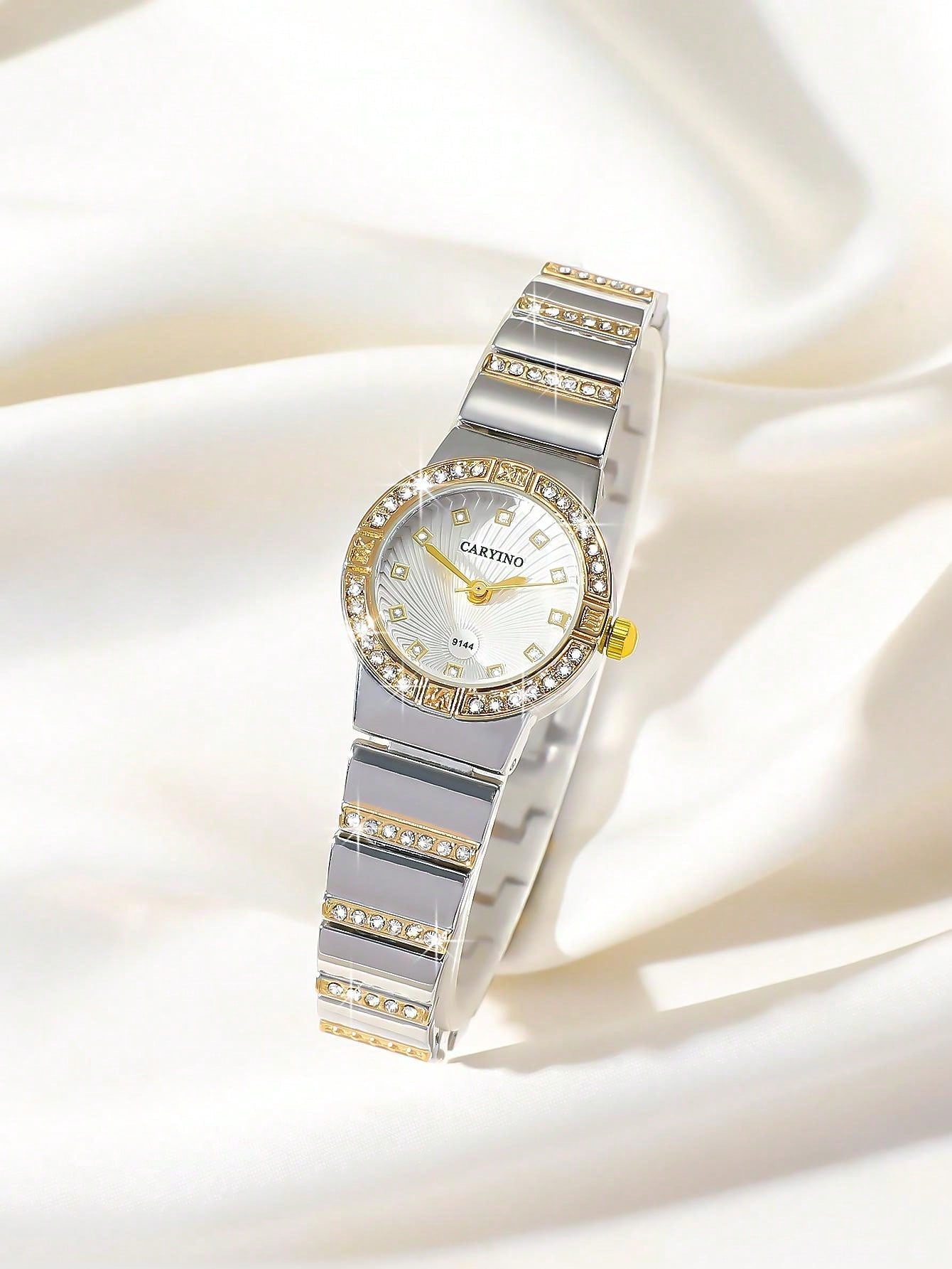 Shein - Caryino Ladies Two-Tone Stainless Steel Watch Band Classic Business Dress Quartz Watch With Diamond, Suitable For Daily Wear
