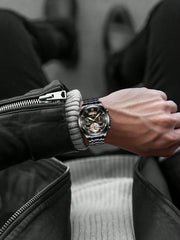 Shein - Va Va Voom 2023 New Men Silver Stainless Steel Analog Tourbillon Luminous Calendar Waterproof Sports Watch
