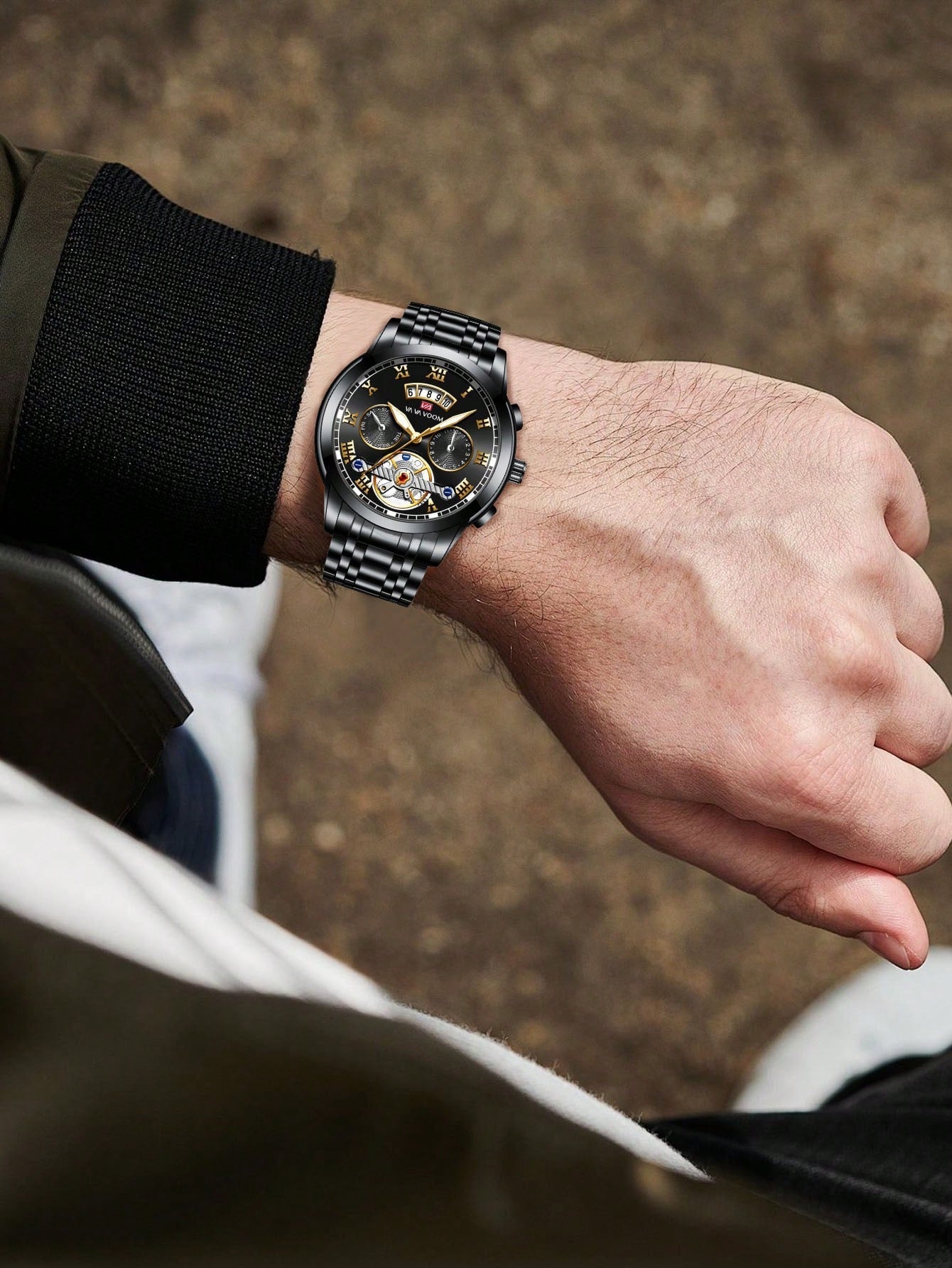 Shein - Va Va Voom 2023 New Men Silver Stainless Steel Analog Tourbillon Luminous Calendar Waterproof Sports Watch