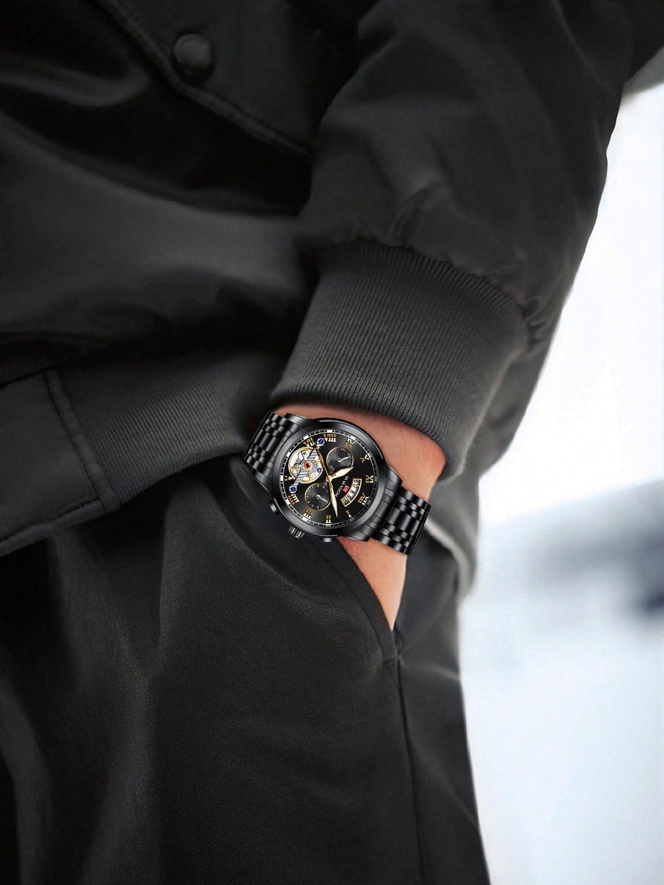 Shein - Va Va Voom 2023 New Men Silver Stainless Steel Analog Tourbillon Luminous Calendar Waterproof Sports Watch