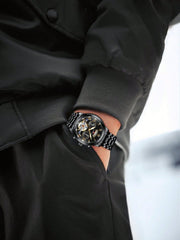 Shein - Va Va Voom 2023 New Men Silver Stainless Steel Analog Tourbillon Luminous Calendar Waterproof Sports Watch