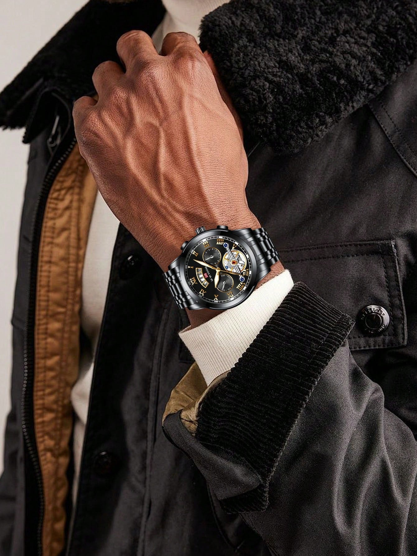 Shein - Va Va Voom 2023 New Men Silver Stainless Steel Analog Tourbillon Luminous Calendar Waterproof Sports Watch