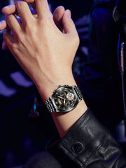 Shein - Va Va Voom 2023 New Men Silver Stainless Steel Analog Tourbillon Luminous Calendar Waterproof Sports Watch