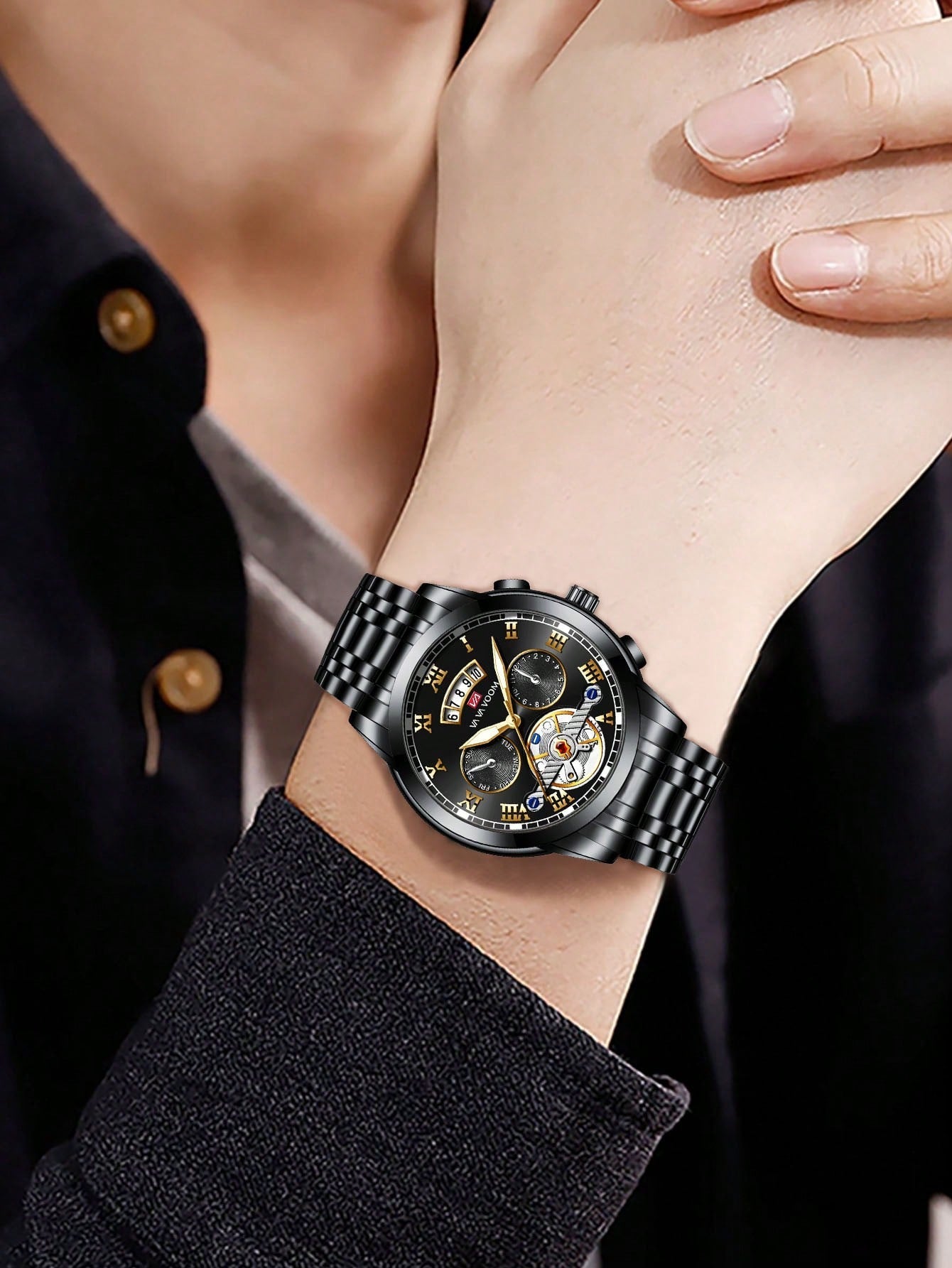 Shein - Va Va Voom 2023 New Men Silver Stainless Steel Analog Tourbillon Luminous Calendar Waterproof Sports Watch