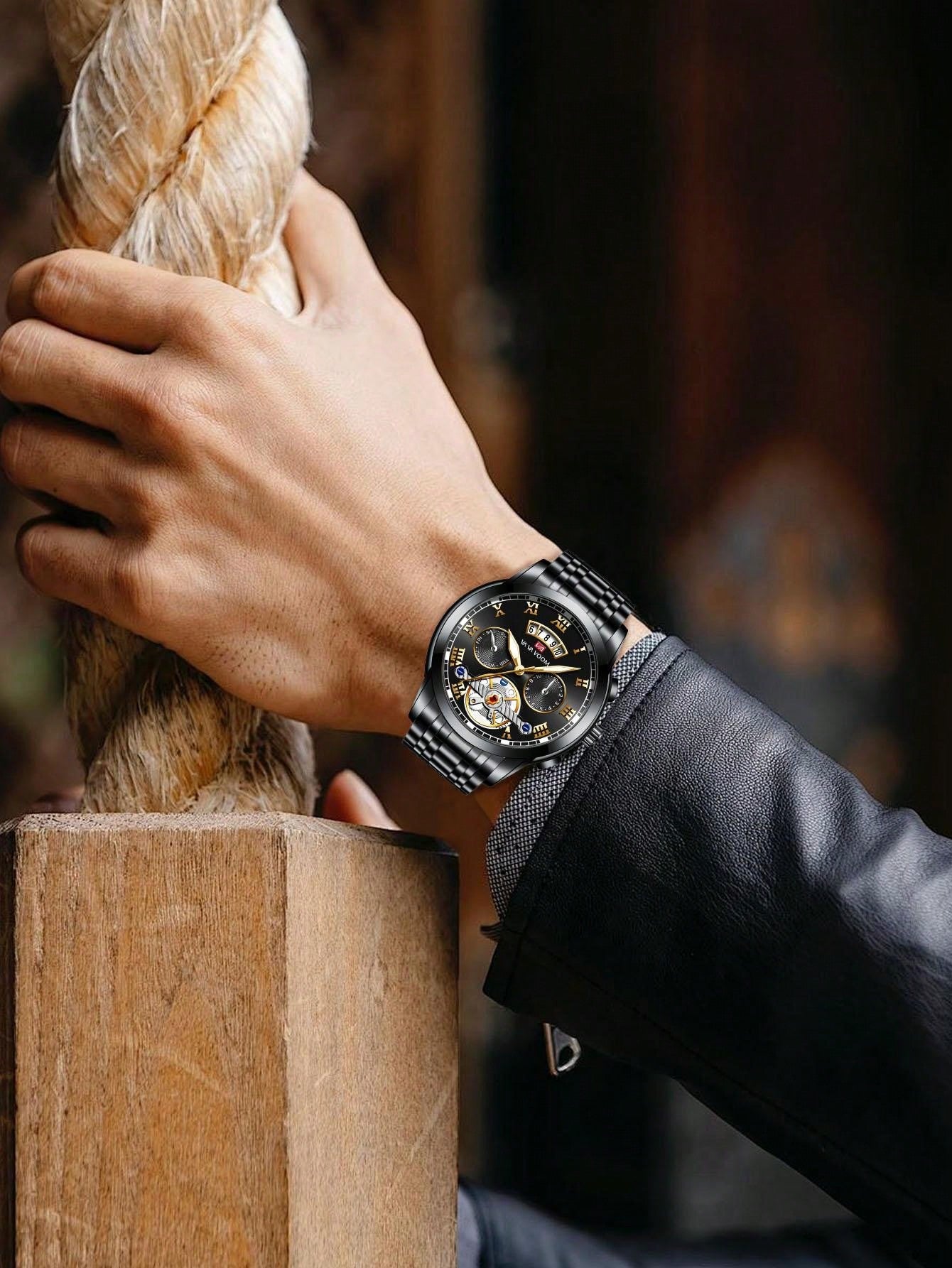 Shein - Va Va Voom 2023 New Men Silver Stainless Steel Analog Tourbillon Luminous Calendar Waterproof Sports Watch