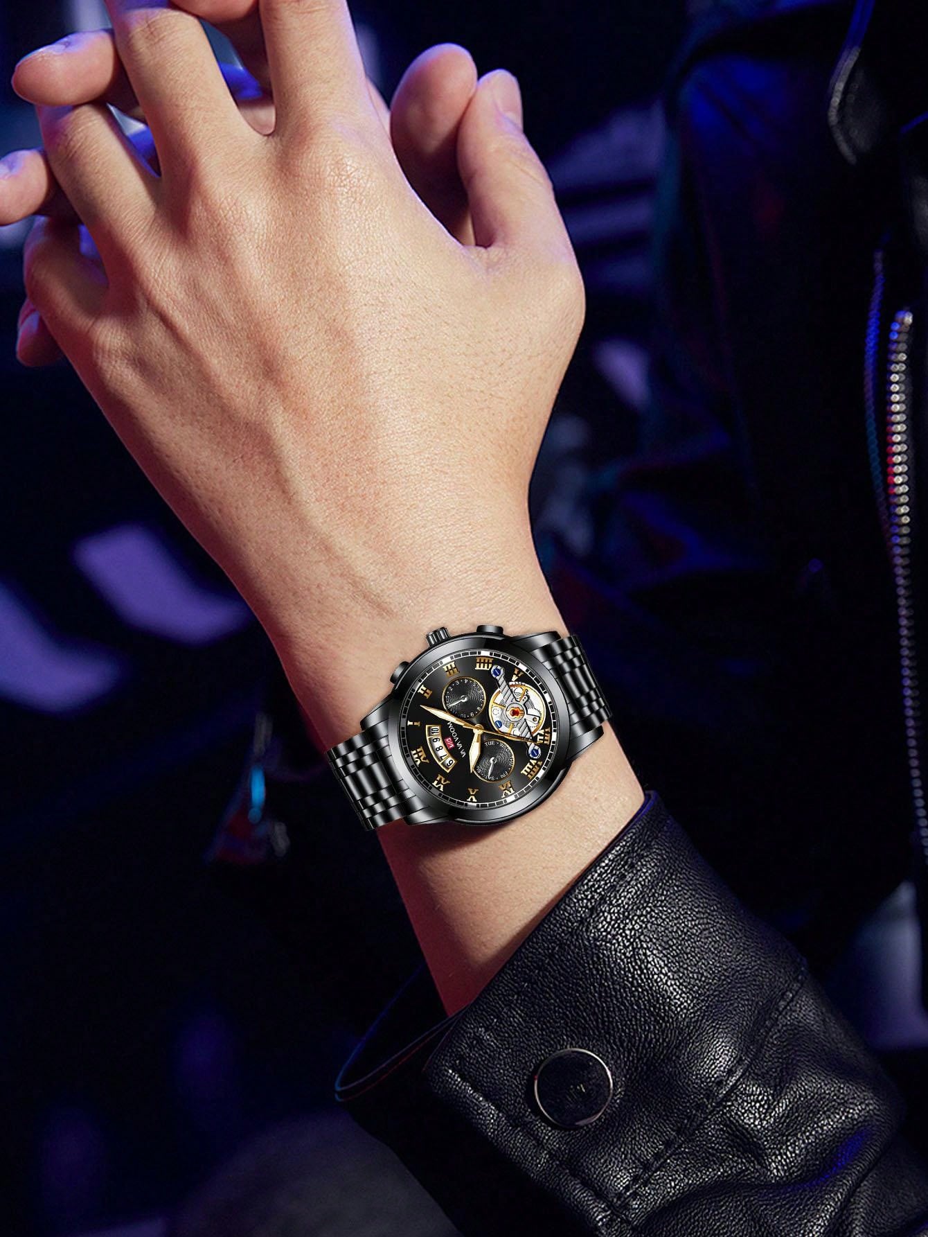 Shein - Va Va Voom 2023 New Men Silver Stainless Steel Analog Tourbillon Luminous Calendar Waterproof Sports Watch