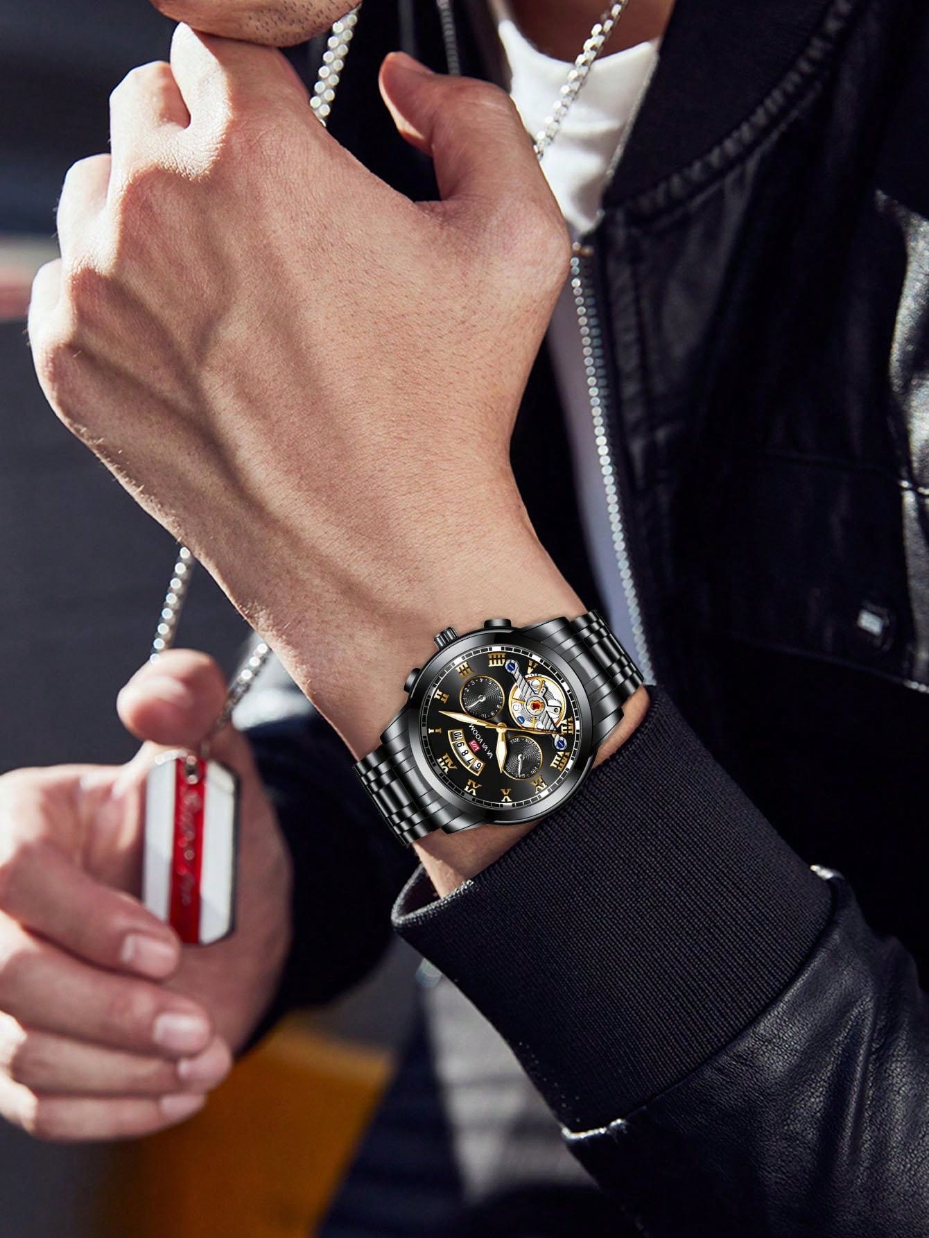 Shein - Va Va Voom 2023 New Men Silver Stainless Steel Analog Tourbillon Luminous Calendar Waterproof Sports Watch