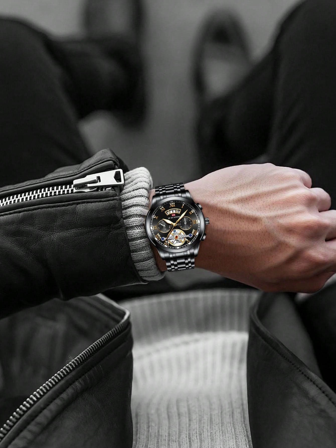 Shein - Va Va Voom 2023 New Men Silver Stainless Steel Analog Tourbillon Luminous Calendar Waterproof Sports Watch