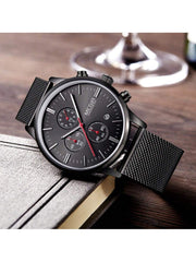 Shein- MEGIR Brand Business Men Watches Fashion Steel Mesh Strap Quartz Sports Wristwatch Waterproof