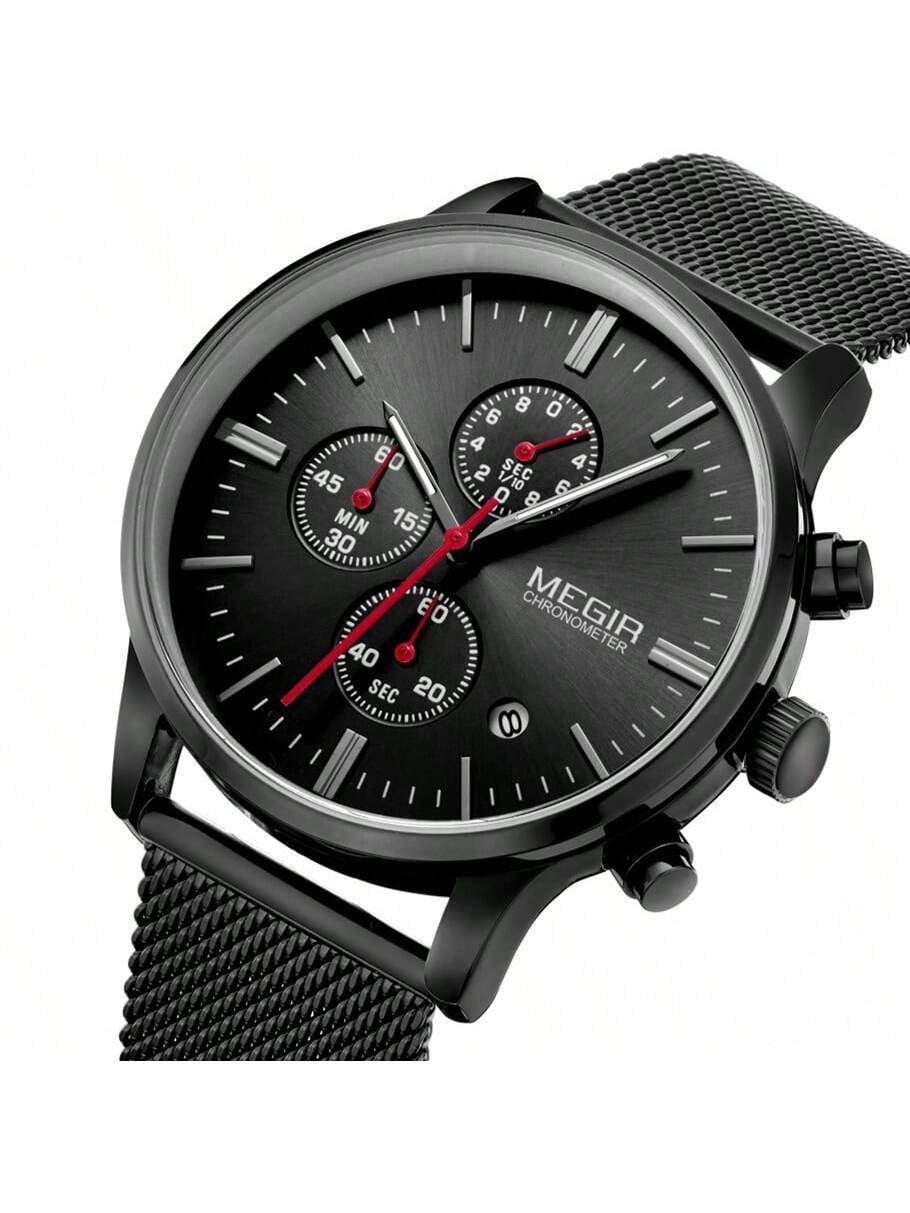 Shein- MEGIR Brand Business Men Watches Fashion Steel Mesh Strap Quartz Sports Wristwatch Waterproof