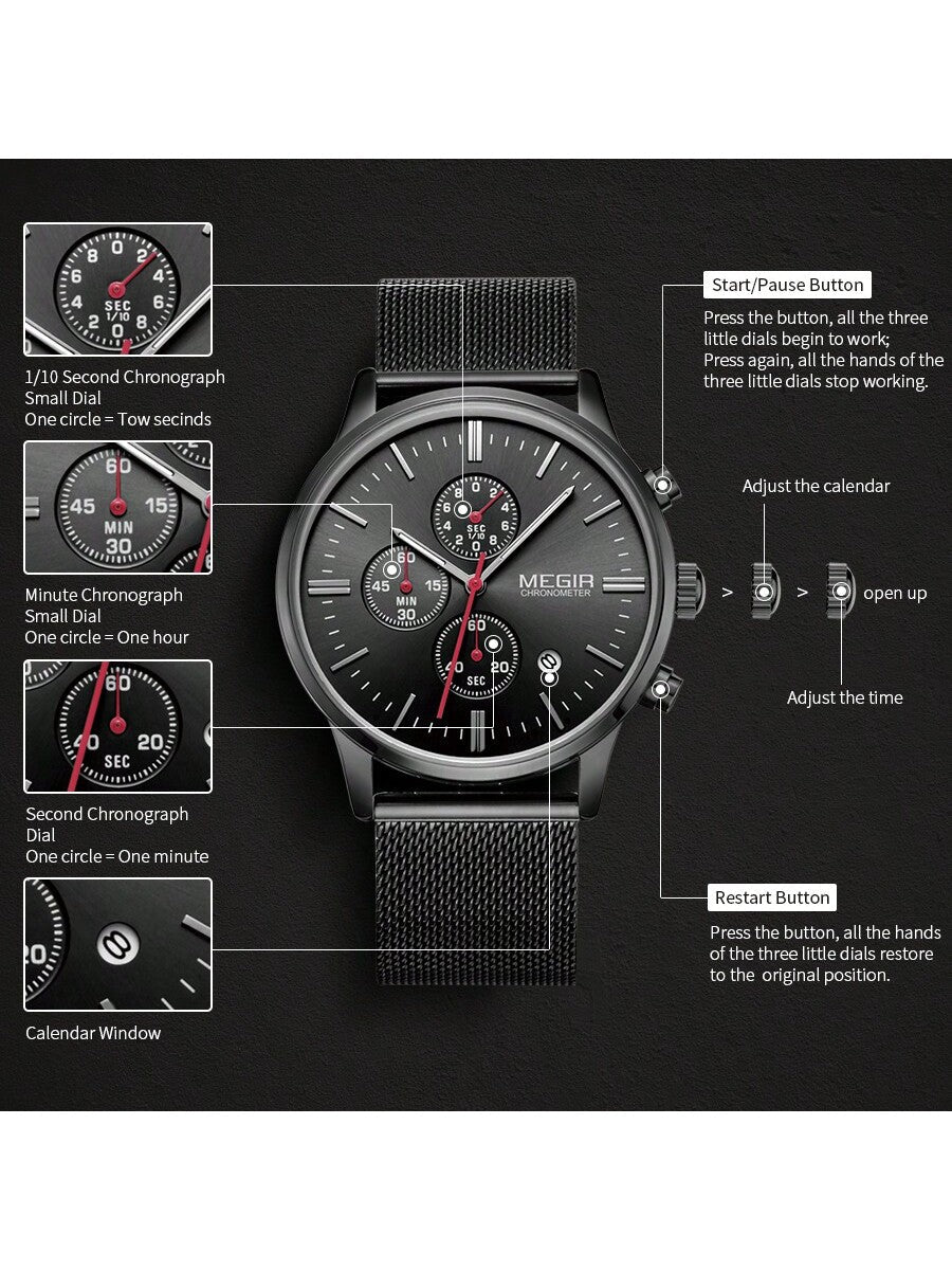 Shein- MEGIR Brand Business Men Watches Fashion Steel Mesh Strap Quartz Sports Wristwatch Waterproof