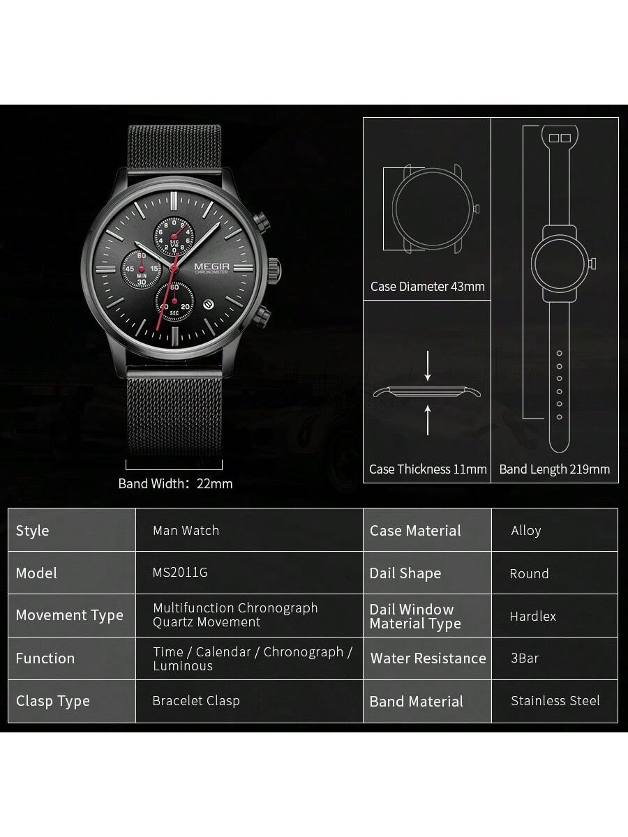 Shein- MEGIR Brand Business Men Watches Fashion Steel Mesh Strap Quartz Sports Wristwatch Waterproof