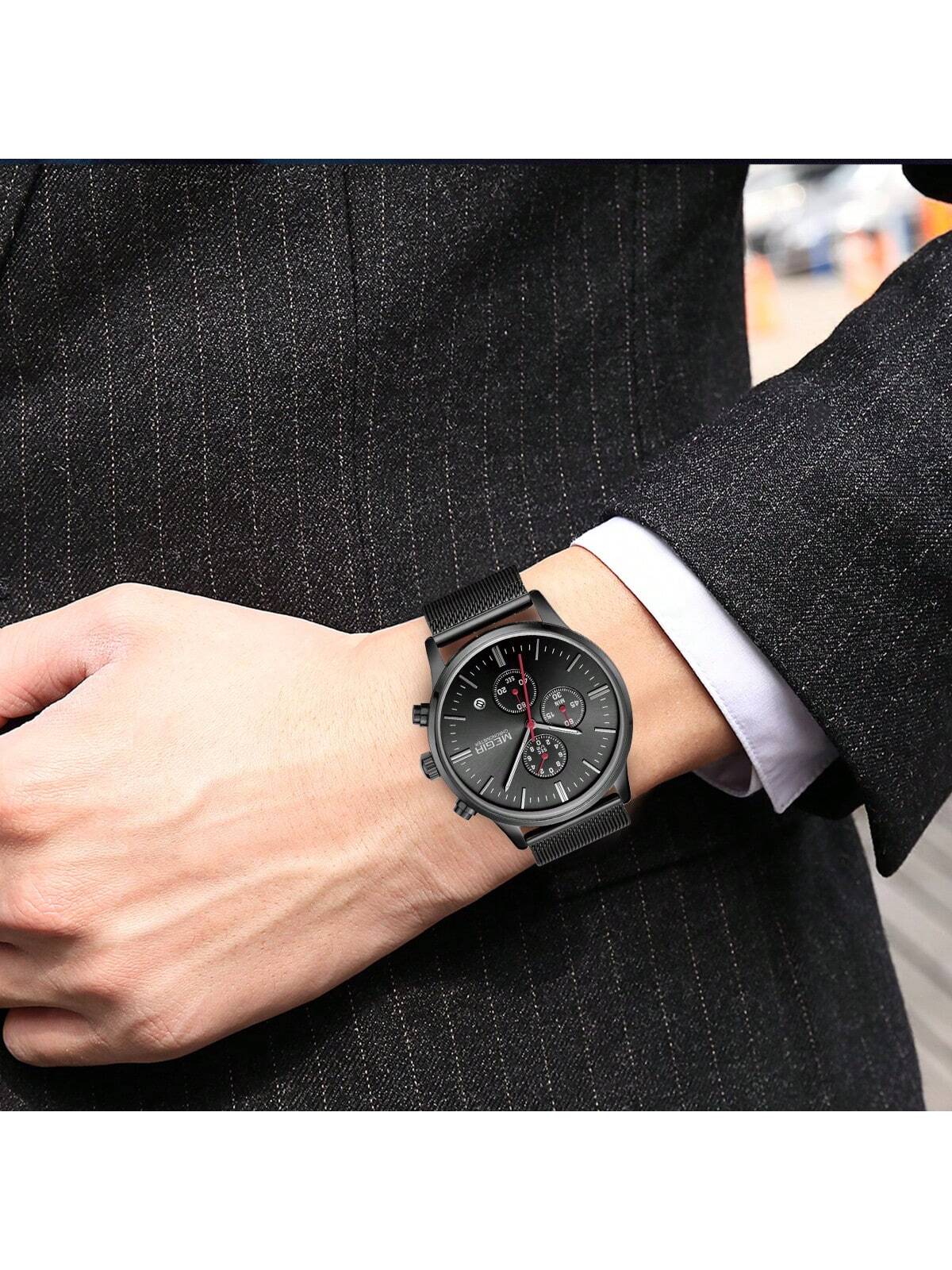 Shein- MEGIR Brand Business Men Watches Fashion Steel Mesh Strap Quartz Sports Wristwatch Waterproof