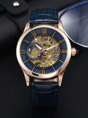 Shein - 1Pc Men'S Hollow Automatic Mechanical Watch, Waterproof Leather Wristwatch With Roman Numerals And Calendar - Yellow Dail Blue