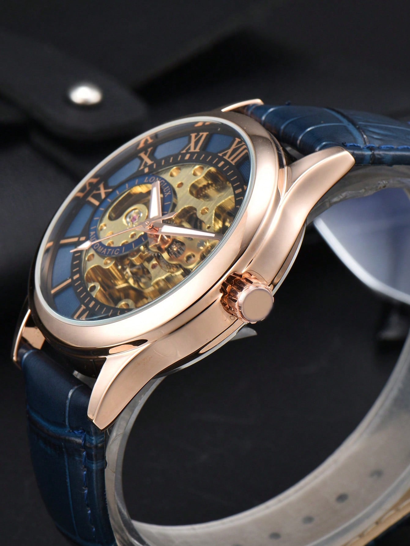 Shein - 1Pc Men'S Hollow Automatic Mechanical Watch, Waterproof Leather Wristwatch With Roman Numerals And Calendar - Yellow Dail Blue