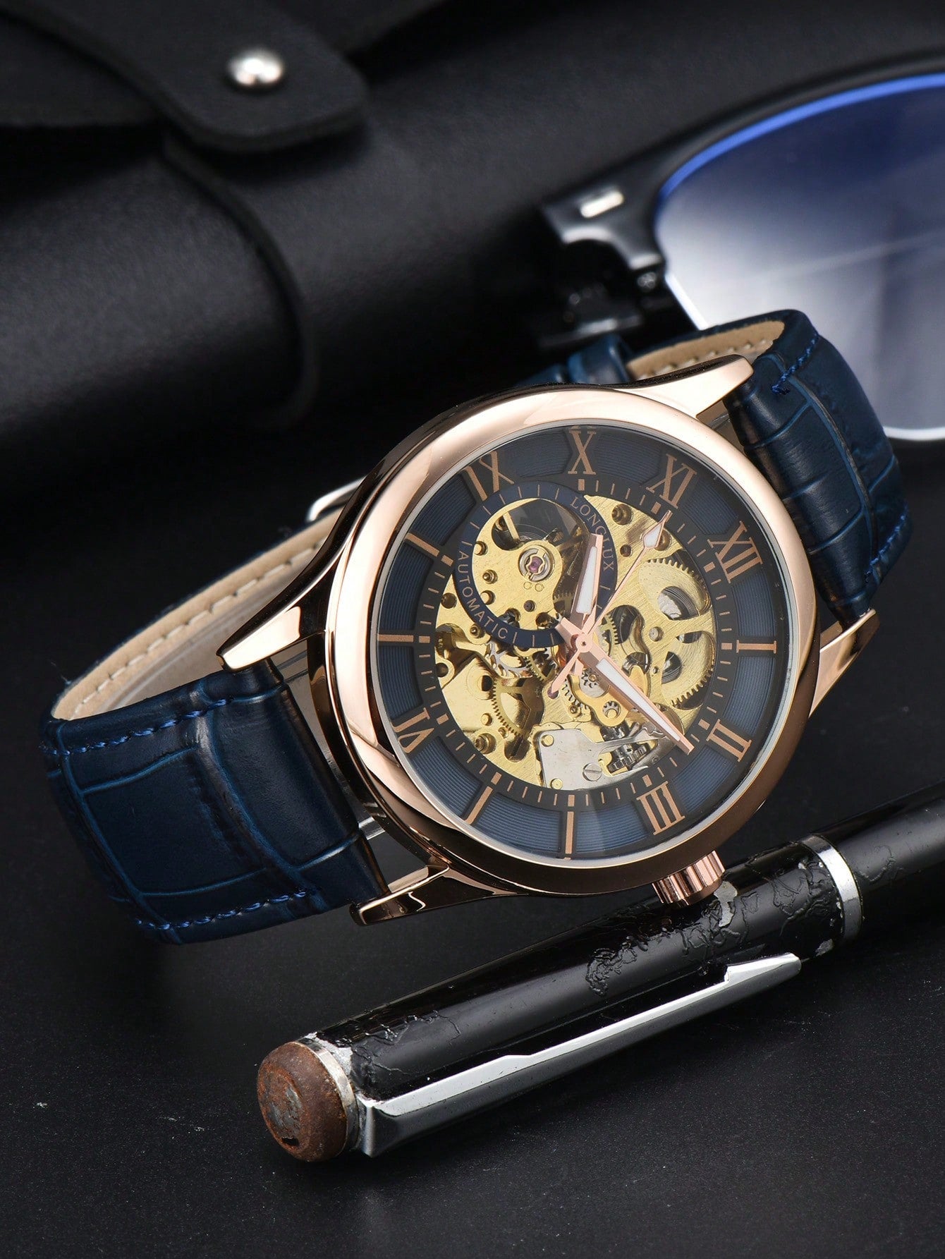 Shein - 1Pc Men'S Hollow Automatic Mechanical Watch, Waterproof Leather Wristwatch With Roman Numerals And Calendar - Yellow Dail Blue