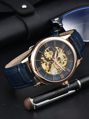 Shein - 1Pc Men'S Hollow Automatic Mechanical Watch, Waterproof Leather Wristwatch With Roman Numerals And Calendar - Yellow Dail Blue