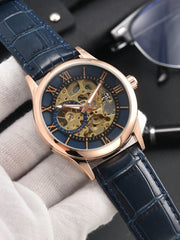 Shein - 1Pc Men'S Hollow Automatic Mechanical Watch, Waterproof Leather Wristwatch With Roman Numerals And Calendar - Yellow Dail Blue