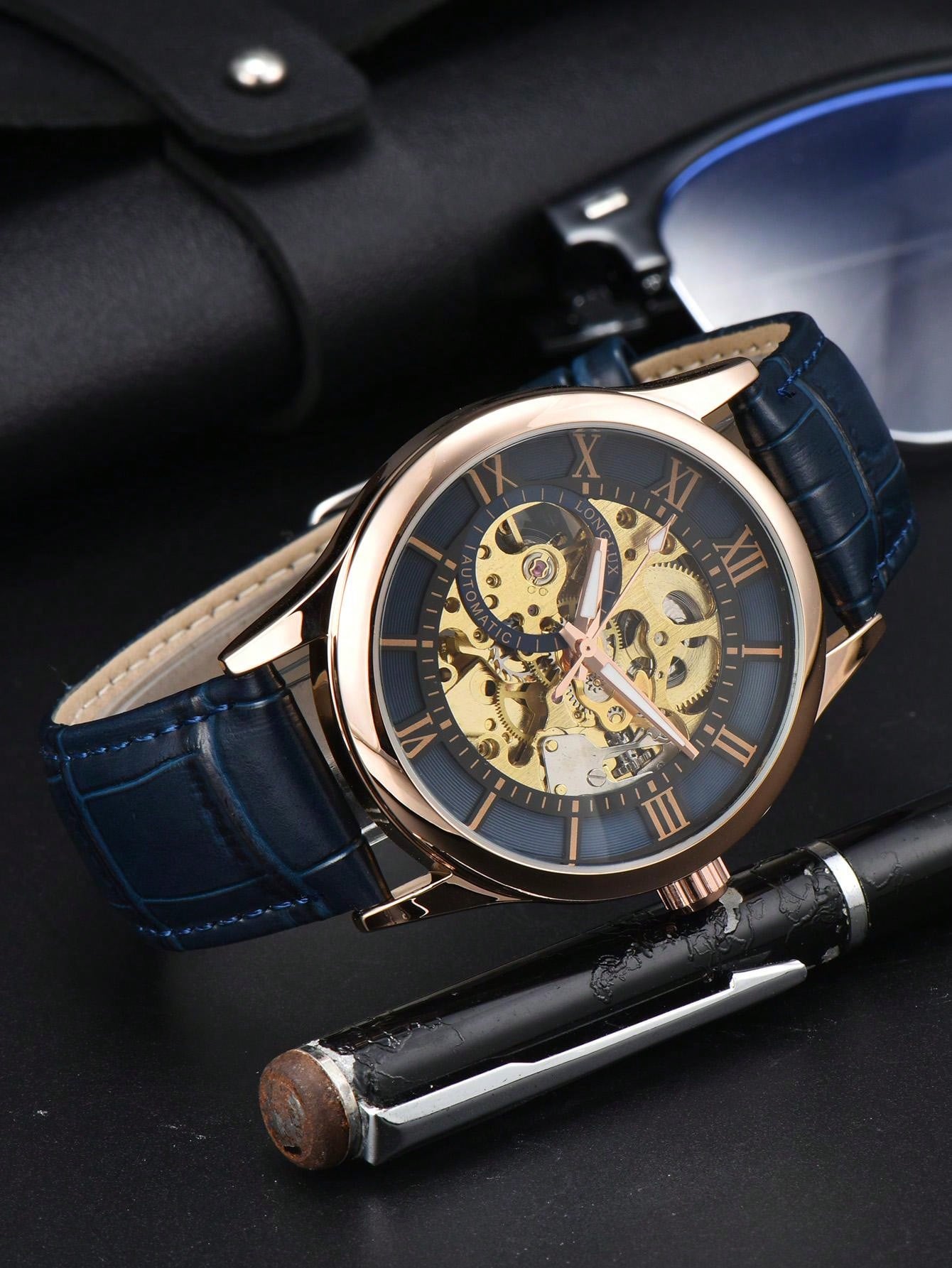 Shein - 1Pc Men'S Hollow Automatic Mechanical Watch, Waterproof Leather Wristwatch With Roman Numerals And Calendar - Yellow Dail Blue