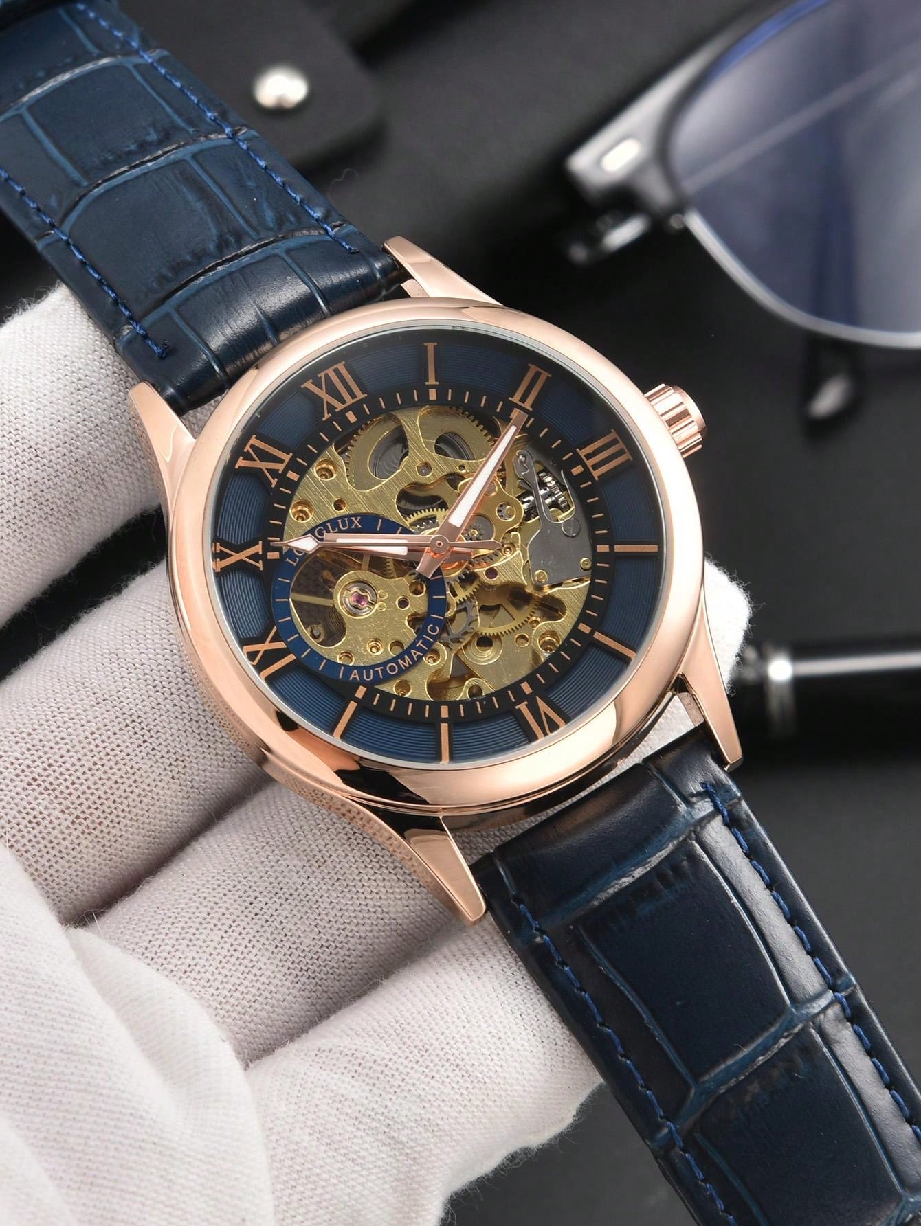 Shein - 1Pc Men'S Hollow Automatic Mechanical Watch, Waterproof Leather Wristwatch With Roman Numerals And Calendar - Yellow Dail Blue
