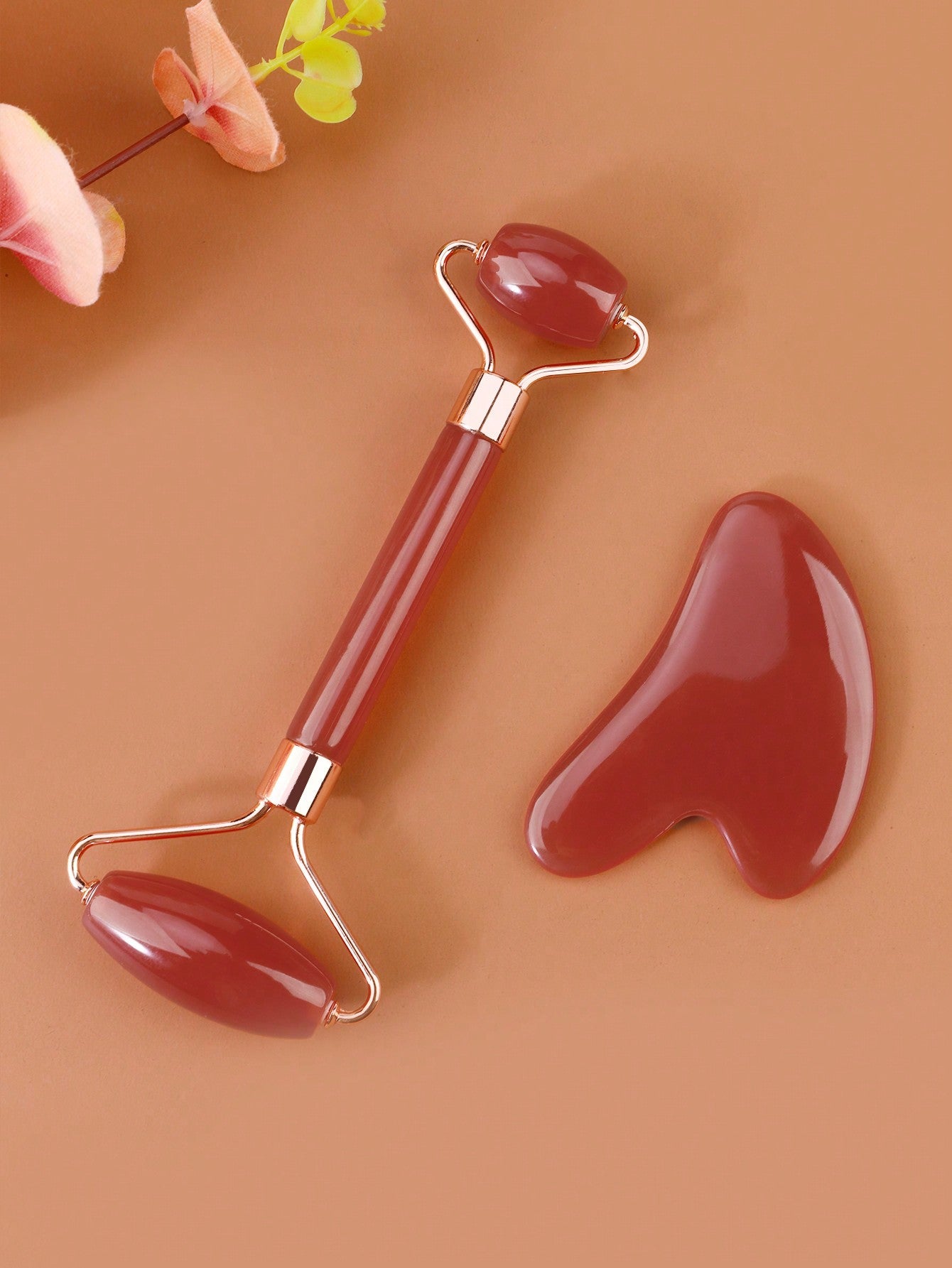 Shein - 2pcs Resin Massage Roller Set, Double-Head Jade Stone Roller And Gua Sha Board, For Eye And Face Massage, Double-Headed Massage Stick And Beauty Board For Face Massage Tool