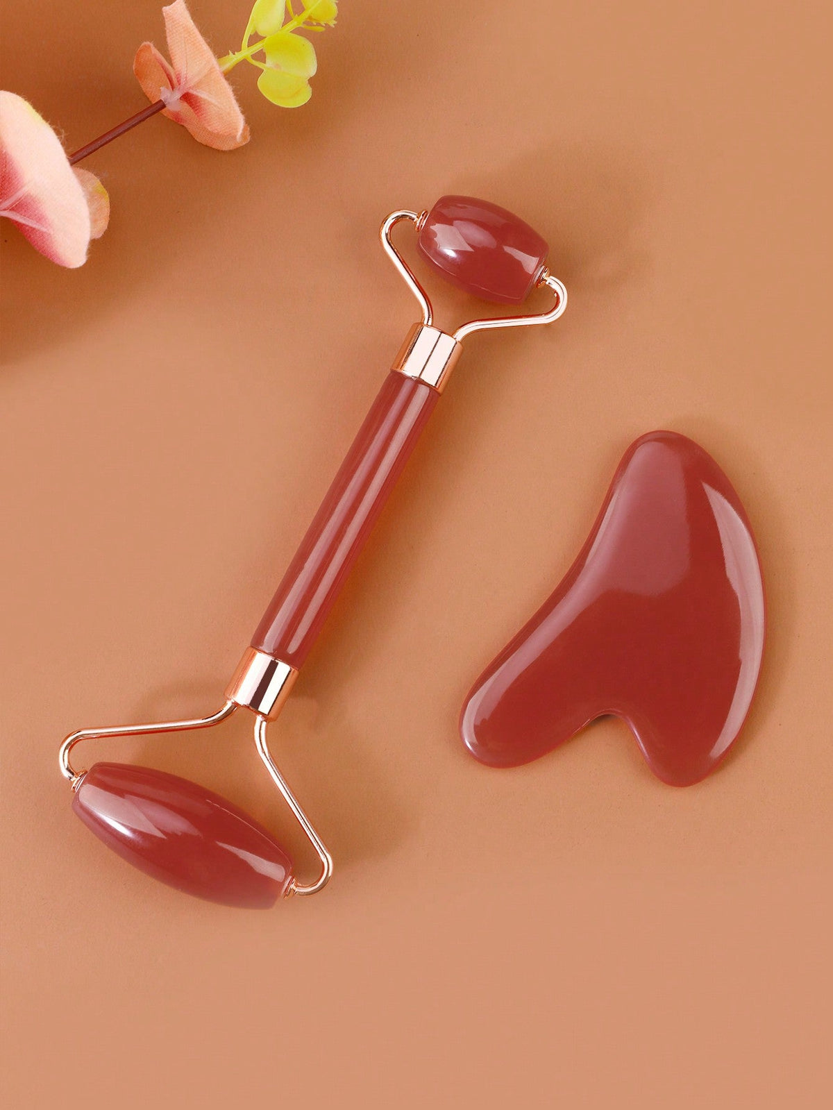Shein - 2pcs Resin Massage Roller Set, Double-Head Jade Stone Roller And Gua Sha Board, For Eye And Face Massage, Double-Headed Massage Stick And Beauty Board For Face Massage Tool